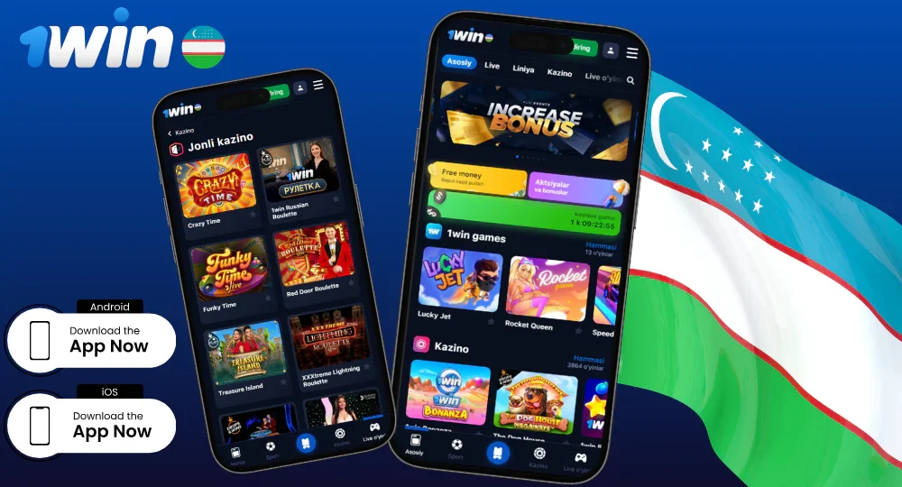 Mobile casino app screens showcasing popular online casino games in Uzbekistan.