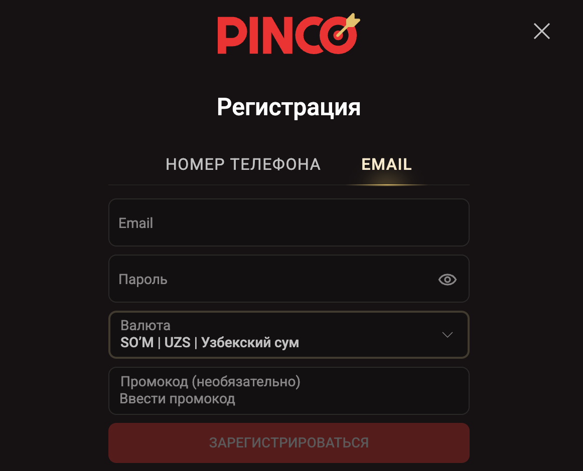 Email orqali Pinco'da ro'yxatdan o'tish shakli